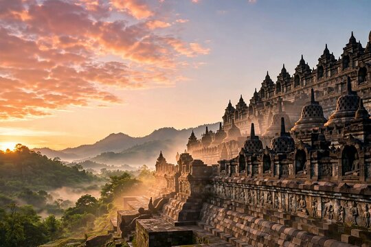 Sunrise over Borobudur Temple in Central Java, Indonesia with misty volcanic hills and copy space