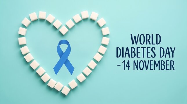 World Diabetes Day banner with sugar cubes heart and blue ribbon