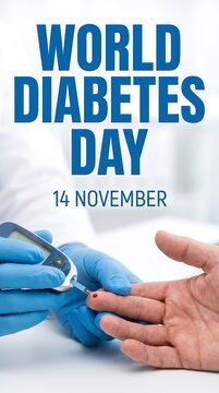 World Diabetes Day poster showing blood glucose testing on finger
