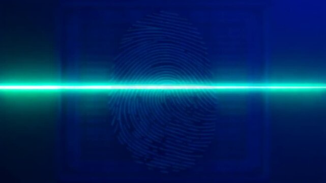Glowing blue fingerprint scanned by a horizontal laser line on dark background, biometric identity authentication and digital security technology concept animation