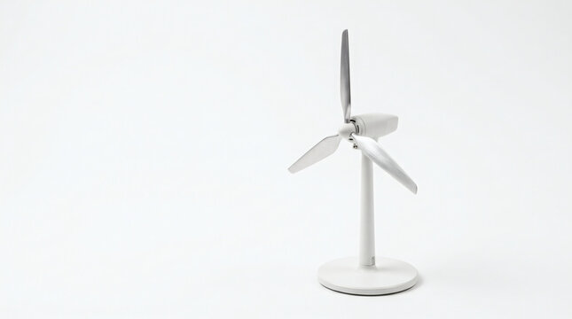 Small miniature wind turbine model representing clean renewable energy isolated on plain white background