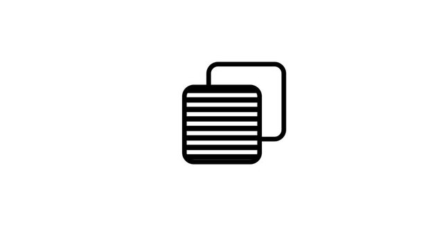 Black outline icon of two stacked overlapping pages with text lines on white for copy, duplicate, paste, clone document and file management concepts
