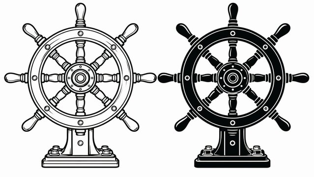 Antique Ship Helm with Wooden Steering Wheel &ndash; Black and White Nautical Outline and Silhouette Vector Icon