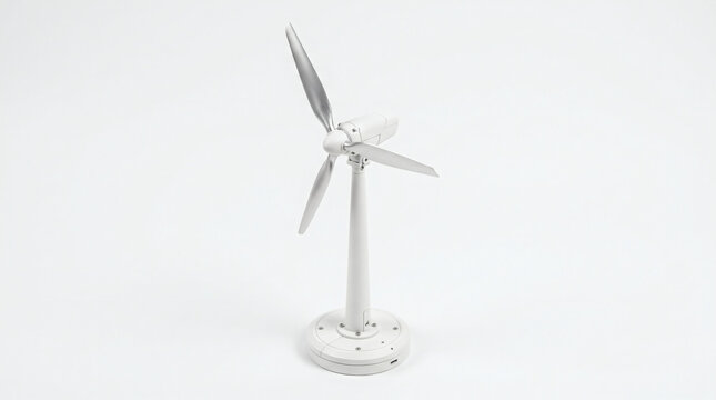 Small white model of a modern wind turbine generator isolated on a clean white background for alternative energy concepts