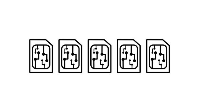 Five black line art SIM cards lined up in a row on a white background, ideal for telecom, mobile network, multi SIM and cellular connectivity concepts