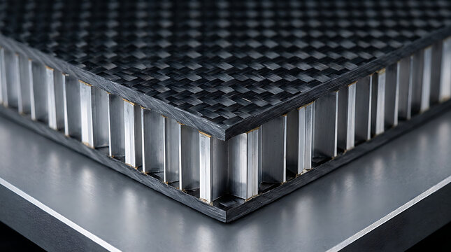 Engineering cross section of aerospace carbon fiber honeycomb panel displaying structural hexagonal core and matte twill weave