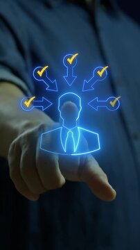 Businessman pointing finger at glowing central leader icon with multi directional checkmark arrows vertical shot. Corporate task delegation management, team workflow control, and authority concept.