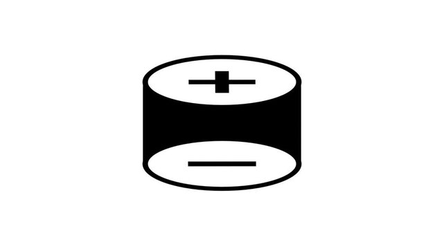 Black outline cylindrical battery cell with plus and minus symbols on white for power storage, energy, charging and electronic component concepts