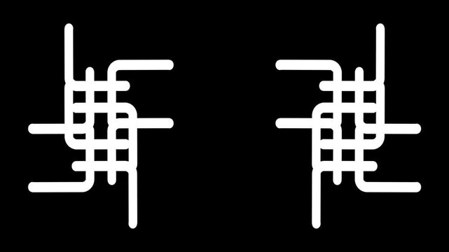 Two symmetrical white interwoven line tangles on black, an abstract knot like graphic for tribal ornament, tattoo, weave and decorative art concepts