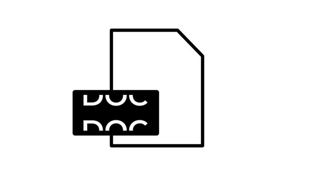 Black outline document file icon with a DOC label on white, flat symbol for word processor files, text document download and office software concepts
