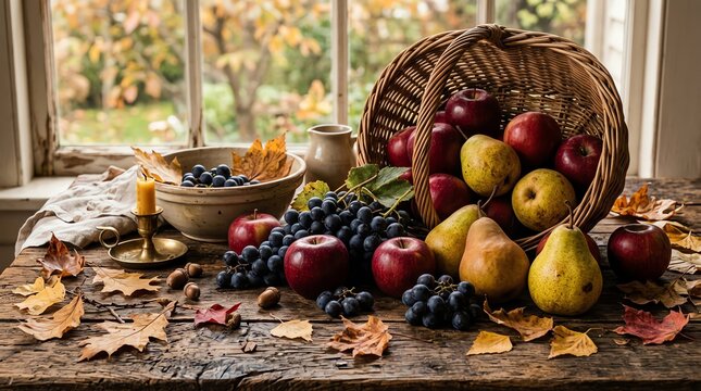 Abundant Autumn Harvest Basket Filled with Apples and Pears on a Rustic Wooden Table with Grapes and Fallen Leaves