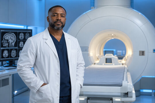 Professional male radiologist in a white coat standing beside a modern MRI scanner in a clean blue-lit imaging room. Medical technology portrait created with Generative AI.