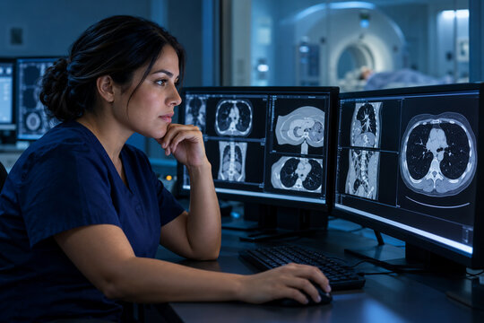 Focused female radiology technologist reviewing anonymized CT images on multiple monitors in a dim medical control room. Diagnostic workflow scene created with Generative AI.