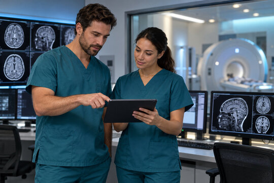 Two radiology technologists discussing anonymized scan results on a tablet in a modern reading room. Healthcare teamwork concept created with Generative AI.