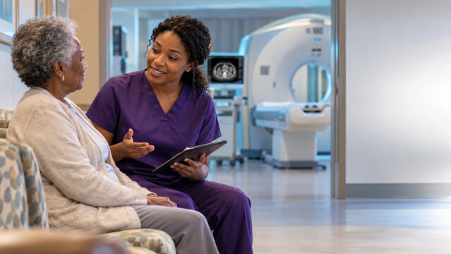 Caring radiology professional explaining a CT procedure to a senior patient in a comfortable hospital setting with copy space. Patient care scene created with Generative AI.