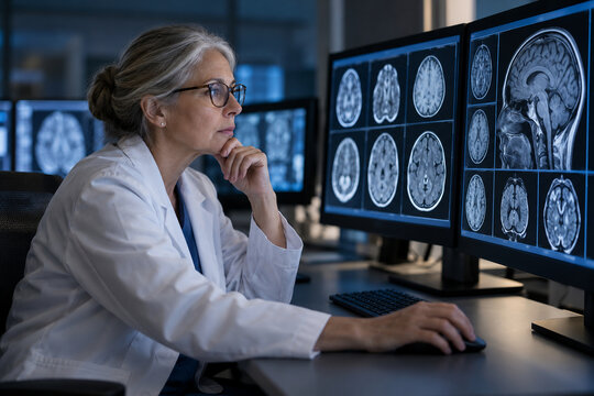 Senior female radiologist reviewing anonymized brain MRI images at a multi-monitor workstation in a dim reading room. Diagnostic expertise scene created with Generative AI.