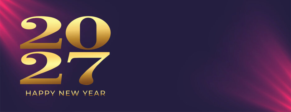 A luxurious golden design for the 2027 new year celebration featuring abstract blurred lights and a vibrant