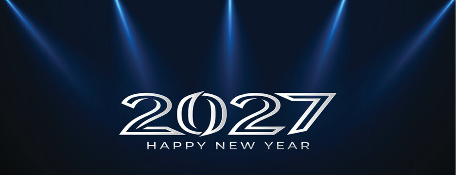 A dramatic spotlight brightly illuminates the year two thousand twenty seven with a celebratory new year background