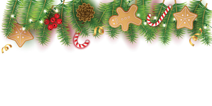 Beautiful festive christmas garland featuring colorful ornaments lush pine branches and sweet candy canes on a clean