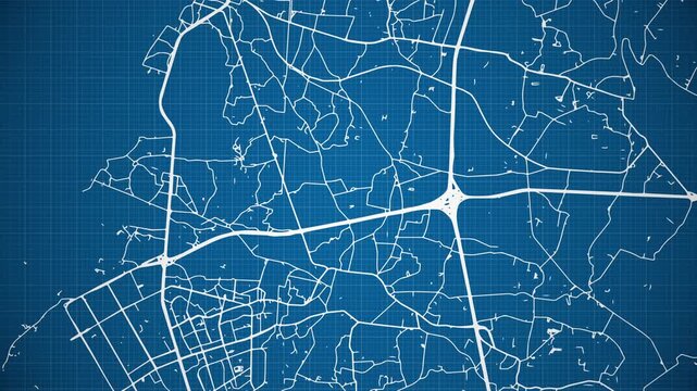 Ink reveal animation of Laem Chabang city, Si Racha, Chonburi, Thailand, grid map. Aerial top view. Blueprint style. White lines with blue background. 4K Seamless loop.