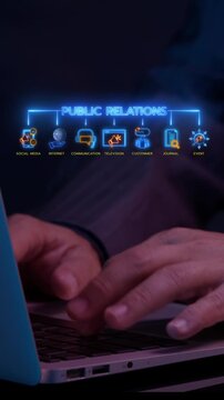 Hands typing on laptop keyboard vertical shot below glowing public relations PR icons and text. Corporate media communication strategy, brand outreach event, and online social advertising concept.