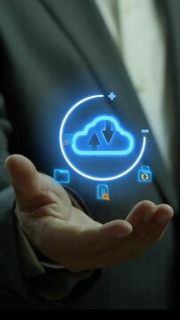 Businessman palm holding glowing cloud storage hub with secure document and folder icons vertical shot. Protected digital database management, encrypted data backup, and server technology concept.