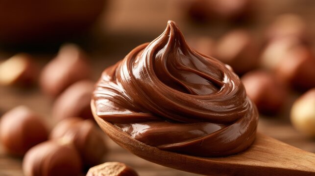 Chocolate hazelnut spread on wooden spoon close up