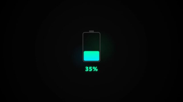 Digital battery charging status showing thirty five percent level on dark screen.