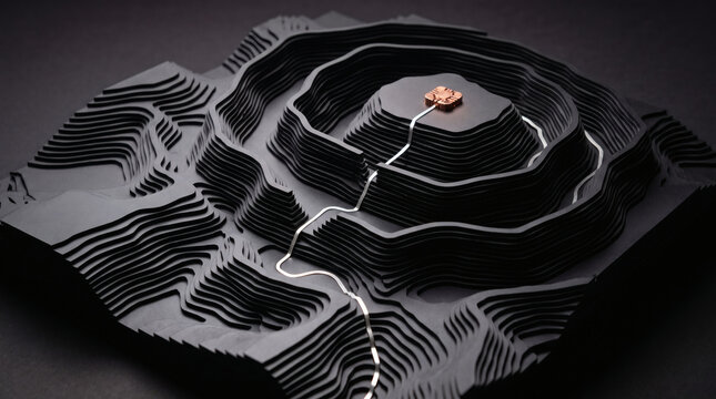 An abstract 3D visualization depicting intricate mental pathways and cognitive processes leading to a radiant central idea, symbolizing discovery and strategic problem-solving