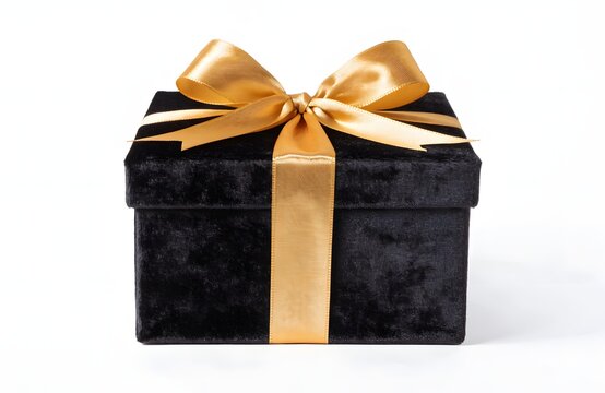 Black velvet gift box with a gold ribbon bow