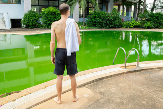 Man seen from behind with towel on shoulder standing at edge of dirty green swimming pool with algae bloom, neglected hotel resort, ruined vacation, maintenance problem, tropical outdoor