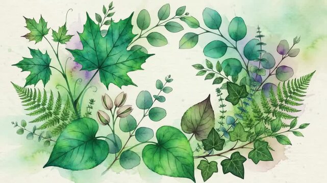 Watercolor botanical green leaves growing and fading in a continuous seamless loop pattern