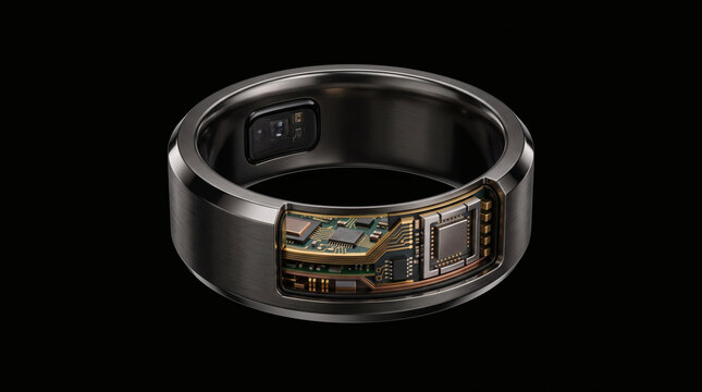 Futuristic Smart Ring with Internal Circuitry and Microchip Technology for Biometric Tracking on Black Background