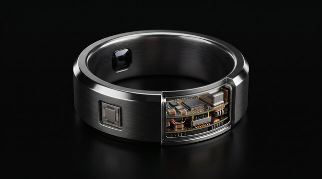 Smart wellness ring with exposed internal microchips and modern metallic finish on black background