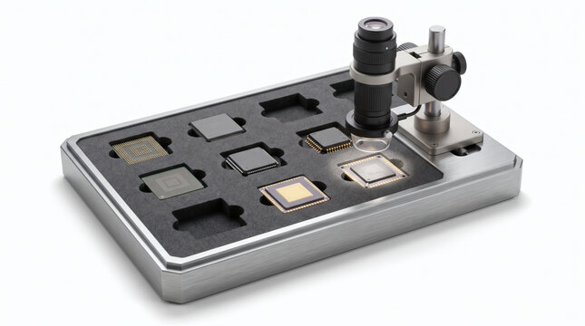 Microscope examining microchips in a tray, showcasing advanced technology and precision engineering