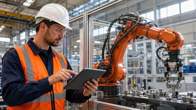 Engineer in a factory controlling a robotic arm with a tablet