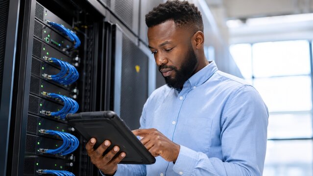 IT professional examining server rack with tablet computer