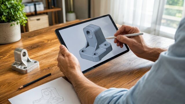 Engineer working on a 3D model of a mechanical part using a tablet and stylus, with a physical prototype beside him