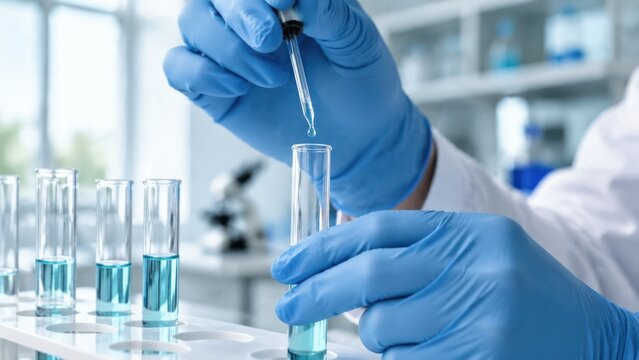 Scientist performing an experiment in a laboratory, carefully adding liquid from a dropper to a test tube