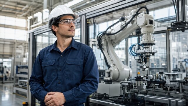 A male engineer wearing a hard hat and safety glasses stands in front of a robotic arm in a factory setting, looking thoughtfully into the distance