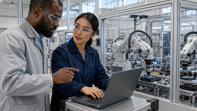 Two engineers in a modern factory, looking at a laptop and discussing work, with robotic arms in the background.