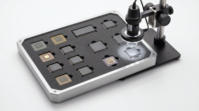Digital Microscope Inspecting Semiconductor Chips and Microprocessors on a Precision Tray for Quality Control in Electronics Manufacturing