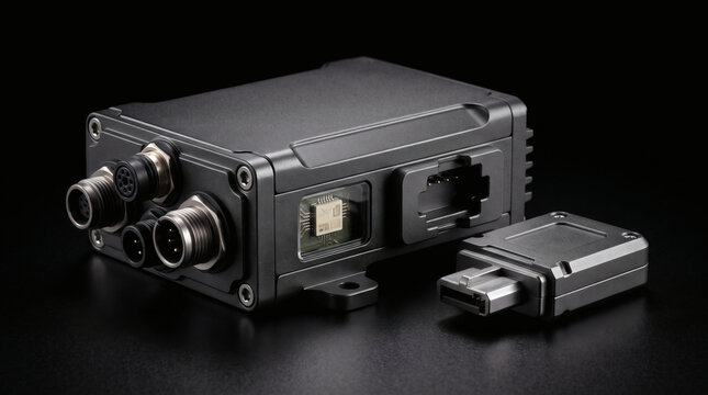 Compact black electronic device with industrial connectors and separate module on a dark background