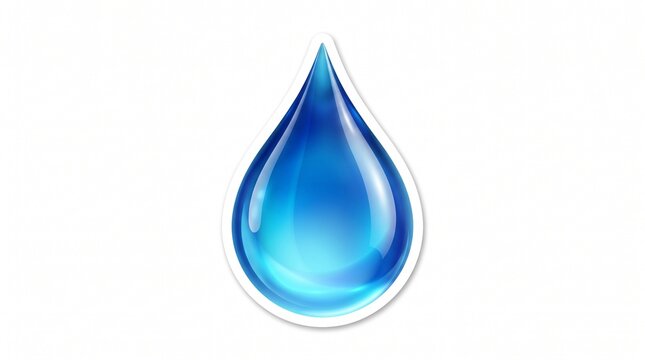 Glossy blue water drop sticker with shiny realistic gradient and white highlights, teardrop shape, white outline, isolated on clean white background.