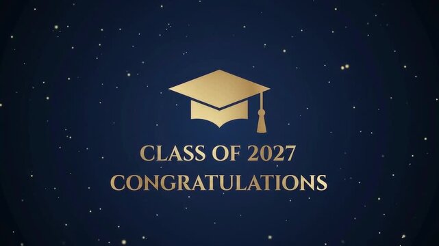 Golden graduation cap on dark blue starry background representing class of 2027 hat mortarboard academic ceremony education