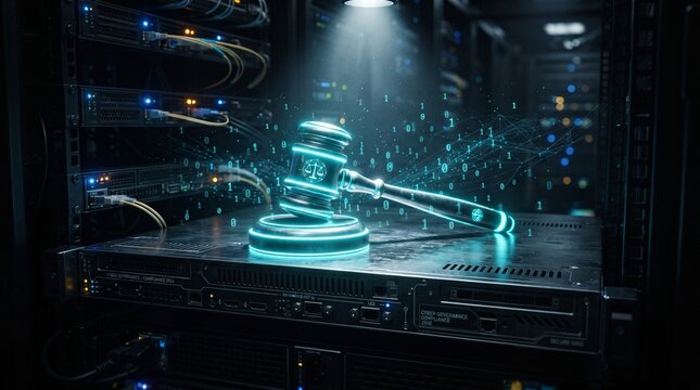 Glowing digital judge gavel resting on server blade in datacenter, symbolizing cyber law, IT compliance, and digital regulation.