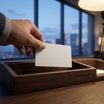 Hand holding a blank white business card over a wooden desk organizer in an office.