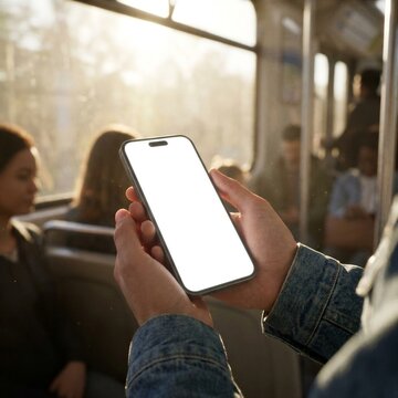 Person holding a smartphone with a blank white screen while riding a train.