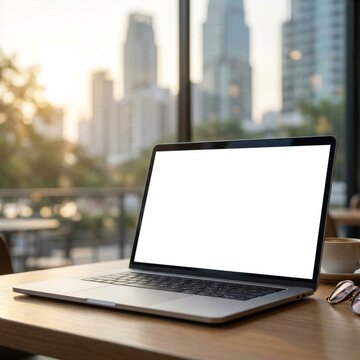Open laptop with blank white screen on a wooden table in a modern office with city view.