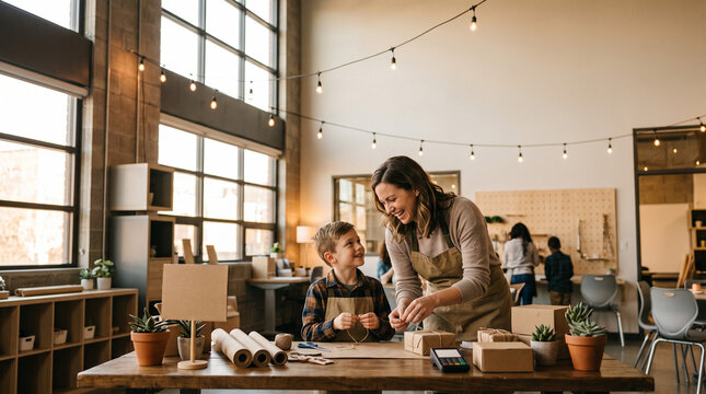 Woman and child wrapping gifts in a bright workshop with string lights